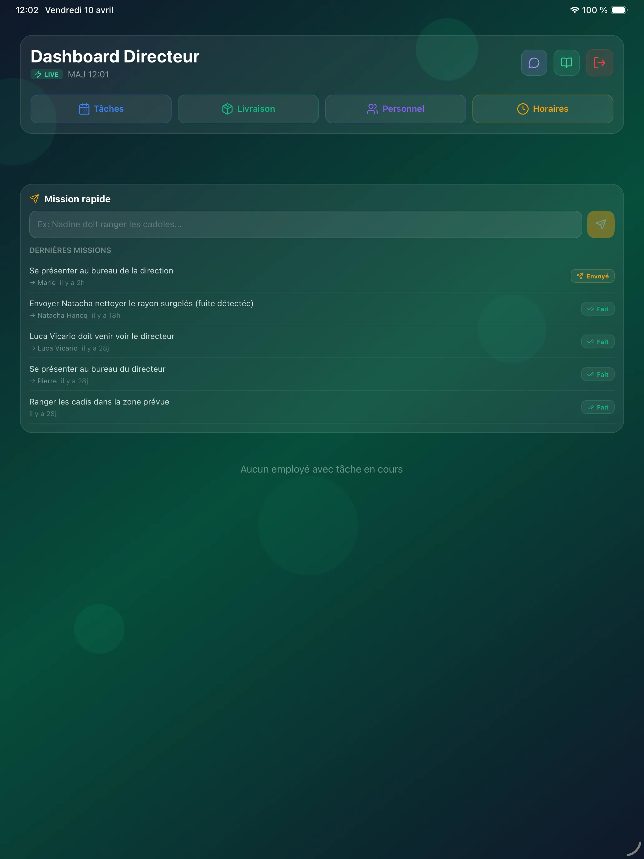 Dashboard Directeur Optines — vue globale des tâches, livraisons et missions IA
