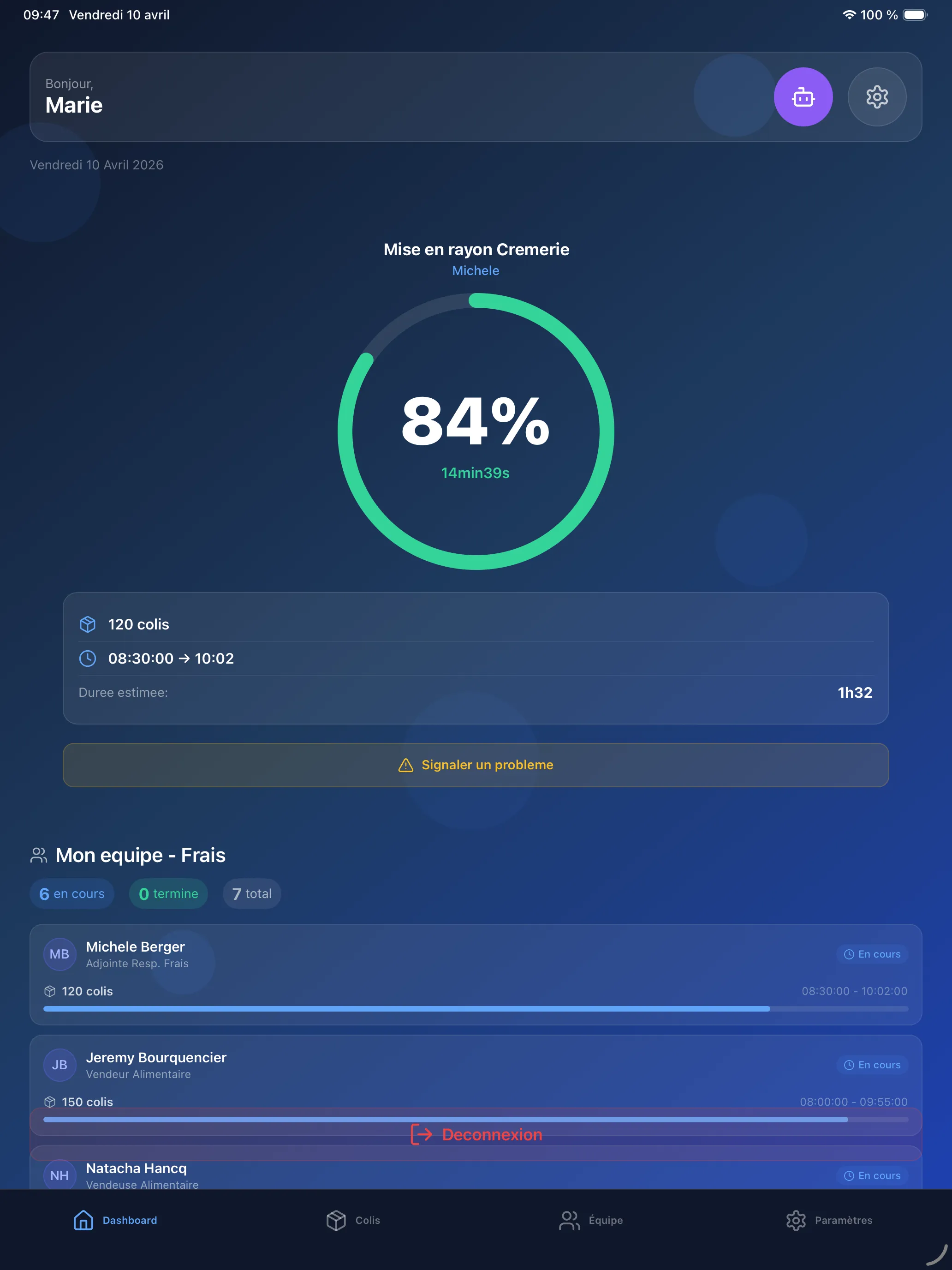 Dashboard Manager Optines — suivi d'équipe en temps réel et progression des colis