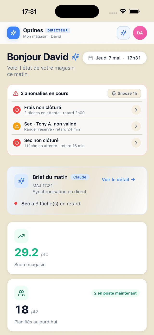 Vue directeur Optines : 3 anomalies en cours, score magasin 29.2/30, brief Claude