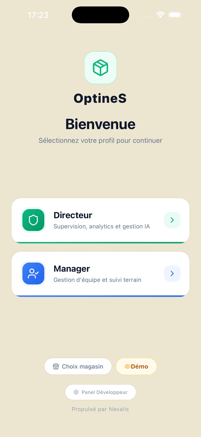 Écran d'accueil Optines : sélection profil Directeur ou Manager
